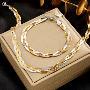 Three-tone braided snake chain necklace and bracelet set in gold, silver and rose gold