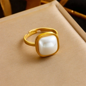 Minimalist gold plated adjustable stainless steel ring with a white square pearl inlay