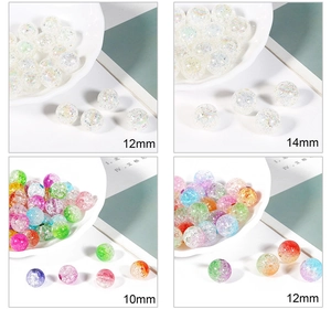 Macro detail of iridescent acrylic floral beads with ice crackle texture in various sizes