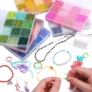 3mm glass seed bead DIY jewelry kit with 12 colors, elastic string and charms in storage box