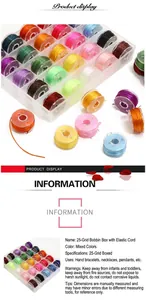 Close-up of a 25-compartment storage box with colorful elastic crystal beads strings