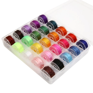 Detailed view of 25 colors elastic bead cords set in a transparent storage box for DIY