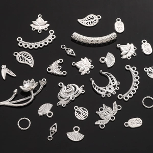New Chinese Style Carved Alloy Pendants For DIY Jewelry Making Lotus Bamboo Fan Leaf Shape Silver Plated Metal Accessories