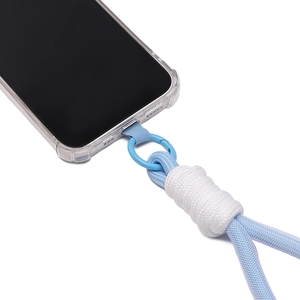 Close-up of blue and white braided phone lanyard with metal ring and connector pad