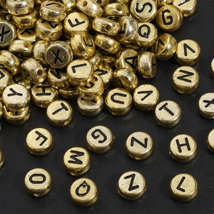 Golden acrylic 7mm alphabet beads with black letters for DIY necklace jewelry making