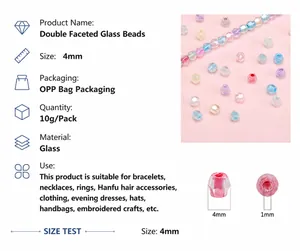 Detailed view of 4mm bicone glass unicorn beads with AB coating and size measurements