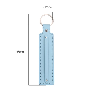 Light blue leather keychain strap with silver rivets and 30mm ring, 15cm total length