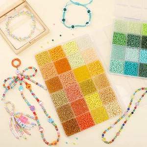 DIY colorful glass seed bead kit with 24 compartments and handmade jewelry examples