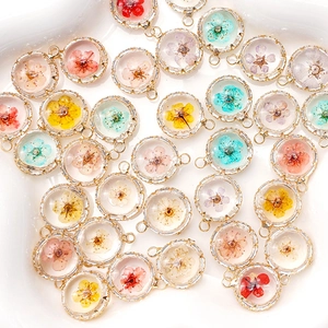 18K Gold Plated Copper Round Resin Charm Pendants With Real Dried Flowers Eternal Botanical For DIY Necklace Jewelry Making