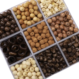 DIY natural wooden beads kit with assorted shapes in a clear 9-grid organizer box