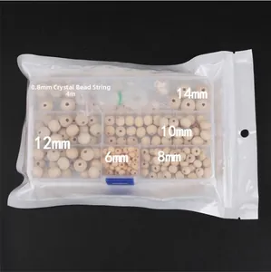 Natural wood beads kit with various sizes and crystal string in a storage box