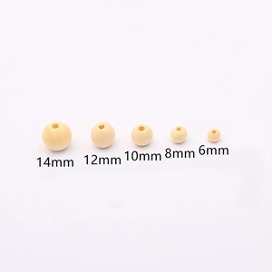 Natural round wood beads showing five sizes from 6mm to 14mm with wood texture