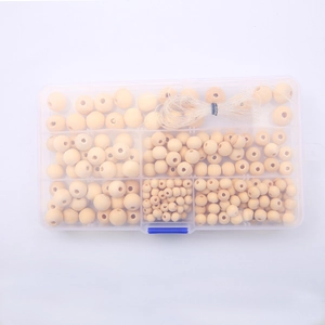DIY kit with assorted natural lotus wood beads in a clear storage box and elastic string