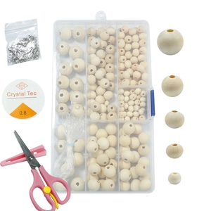 DIY bead kit with natural wood spheres, 0.8mm elastic string, and pink crafting scissors