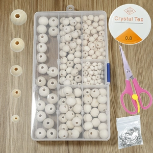 DIY jewelry making kit with natural round wood beads in various sizes and tools