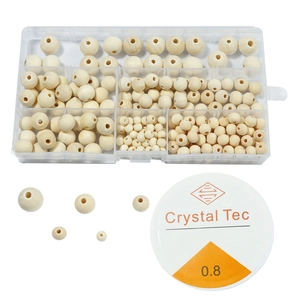 Natural wood bead set in multiple sizes with storage box and elastic crystal cord