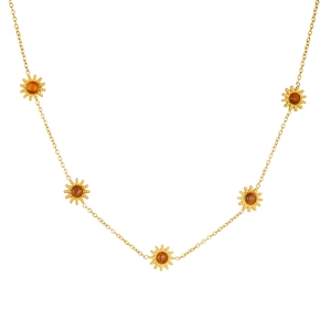 Goldene Edelstahlhalskette mit Sonnenblumen und Bernstein-Tigeraugen im Vintage-Stil