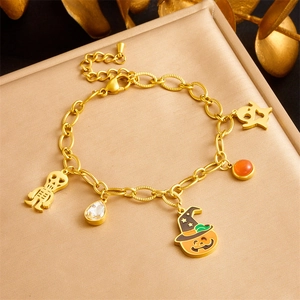 Bracciale Charm in Acciaio Inossidabile di Halloween per Donna Catena Oro Galvanica Scheletro Zucca Fantasma Smalto Gioielli