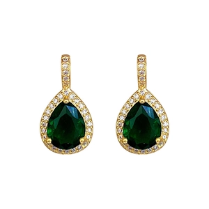 Elegant gold drop earrings with pear-shaped green emerald stones and halo diamond accents