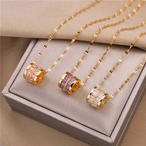 Elegant 18k gold-plated titanium steel necklaces with pink, purple, and white crystals