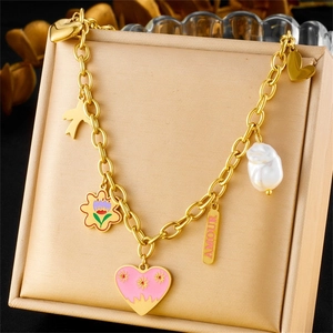 Stainless Steel Necklace Enamel Heart Flower Bird Artificial Baroque Pearl Pendants Gold Multi Charm Korean Style Fashion For Women