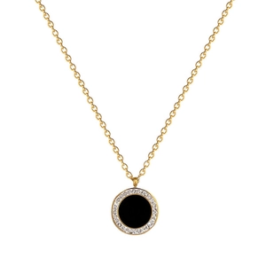 Titanium steel necklace with black round agate pendant and sparkling crystal halo