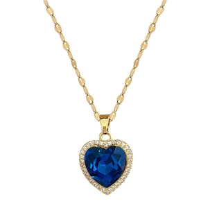 Elegant gold heart pendant necklace with blue crystal and cubic zirconia accents
