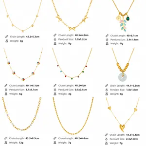 Size chart for 9 styles of gold plated stainless steel choker necklaces with dimensions