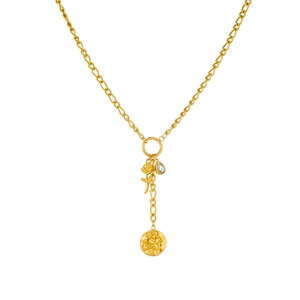 Collana a Y Figaro dorata con rosa, cristallo a goccia e ciondolo rotondo goffrato
