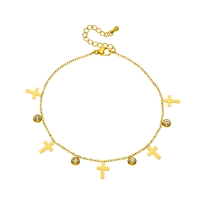 Gold plated cross anklet chain with round zircon stones and adjustable clasp