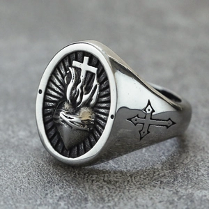 Vintage stainless steel signet ring with gothic heart and religious cross engraving