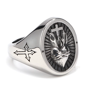 Vintage stainless steel cross sacred heart signet ring in retro religious punk style