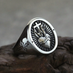 Vintage stainless steel signet ring with gothic sacred heart and cross engraving