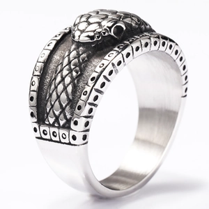 Gothic vintage snake biting tail ring in retro stainless steel with oxidized finish