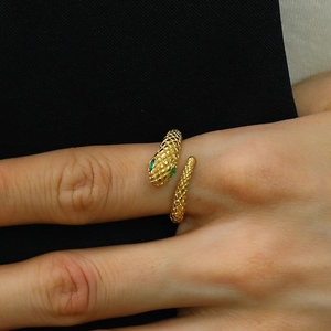 Anillo Abierto Envolvente de Serpiente Vintage Francés Para Mujer Acero Inoxidable Chapado en Oro Ojo Zirconia Verde Ajustable