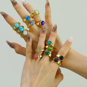 Vintage 18K Vergoldeter Titanstahl Ring Für Damen Rund Türkis Malachit Künstlicher Katzenaugenstein Geometrischer Breiter Bandring