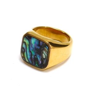 Minimalist square abalone shell signet ring in gold plated stainless steel on white background