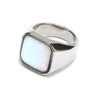 Macro detail of square white shell inlay on a polished stainless steel band