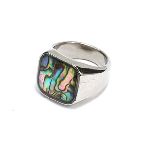 Minimalist square signet ring with iridescent abalone shell inlay in polished steel