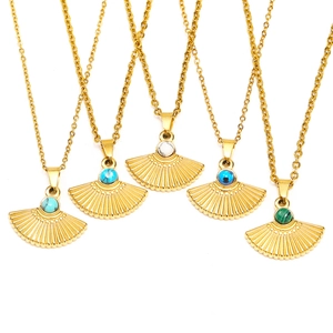 Collier Pendentif Éventail en Acier Inoxydable Luxe Vintage pour Femmes Plaqué Or 18K Pierre Naturelle Incrustée Mauvais Œil