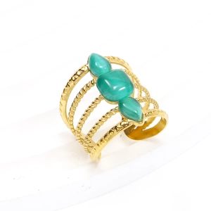 Retro 18k gold plated stainless steel wide ring with green cat eye stones for women