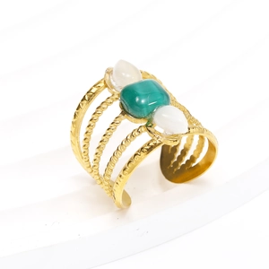 Vintage 18k gold plated stainless steel multi-layer rope ring with green gemstone