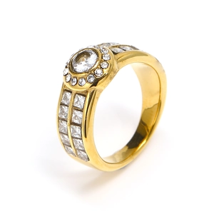Anello in acciaio inossidabile placcato oro 18k con cristallo tondo e pietre laterali