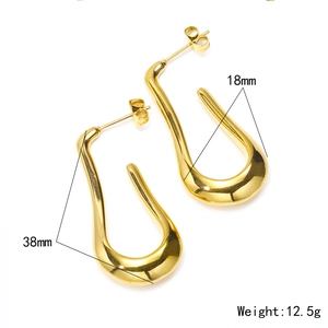 Polished 18k gold plated stainless steel U-shaped drop earrings with 38mm length
