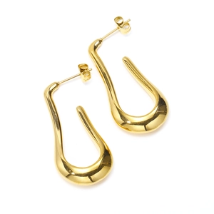 Close-up of polished 18k gold plated U-shape earrings with a smooth streamlined design