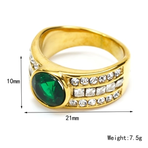Retro gold plated 10mm wide band ring with green oval zircon and white crystal accents