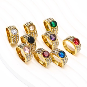 Luxurious gold titanium steel rings with colorful zircon center stones and pave settings