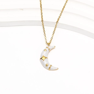 18k gold plated moon pendant necklace with white enamel and golden stars