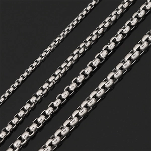 Macro detail of silver round box chains in four varied thicknesses for DIY jewelry making