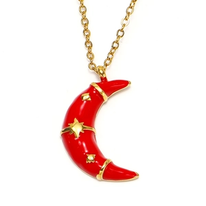 18k gold plated titanium steel necklace with red enamel crescent moon and stars